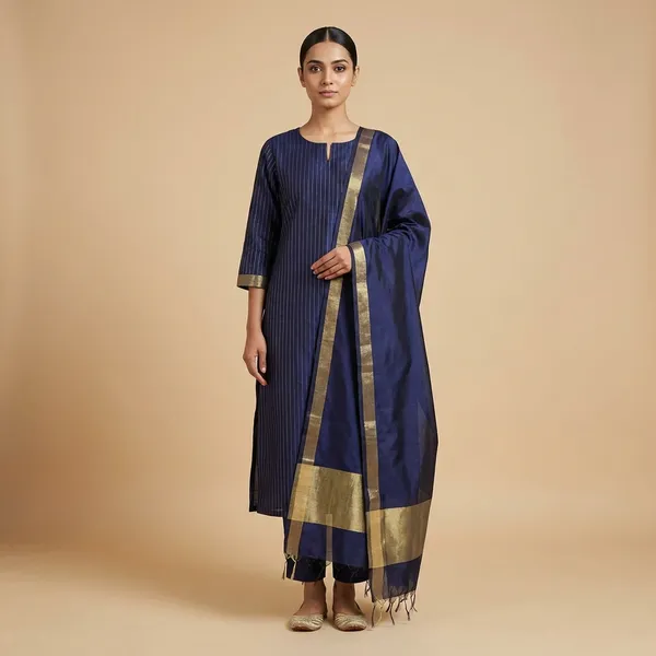 Navy_Blue_Banarsi_Unstitch_Suit_Zari_Strip_Unstitch_Suit_For_Women
