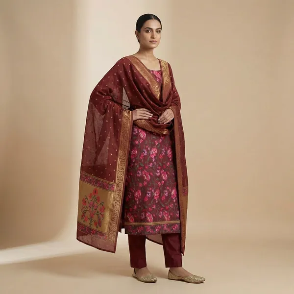 Maroon_Jamdani_Unstitch_Suit_For_Women