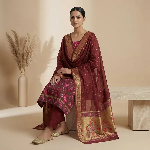 Maroon_Jamdani_Unstitch_Suit_For_Women