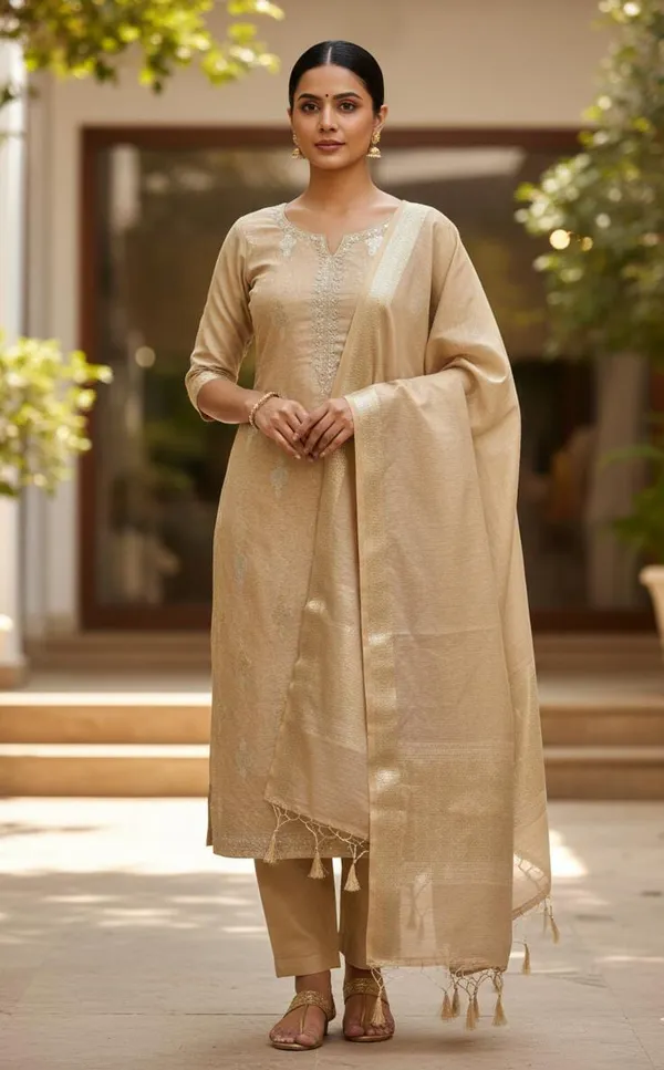Golden_Banarasi_Lilen_Unstitch_Suit_For_Women