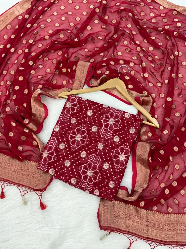 Red_Baranasi_Viscose_Bandhni_Unstitch_Suit_For_Women