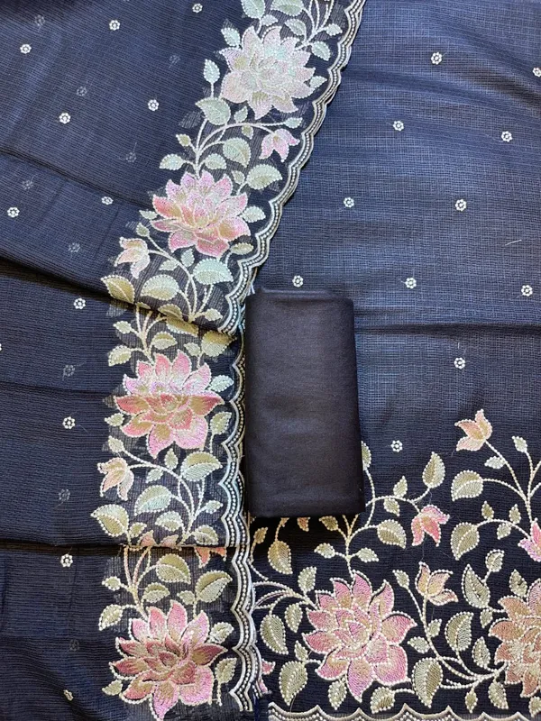 Grey_Banarasi_Unstitch_Suit_Pure_Mercerised_Kota_Check_With_Embroidery_For_Women