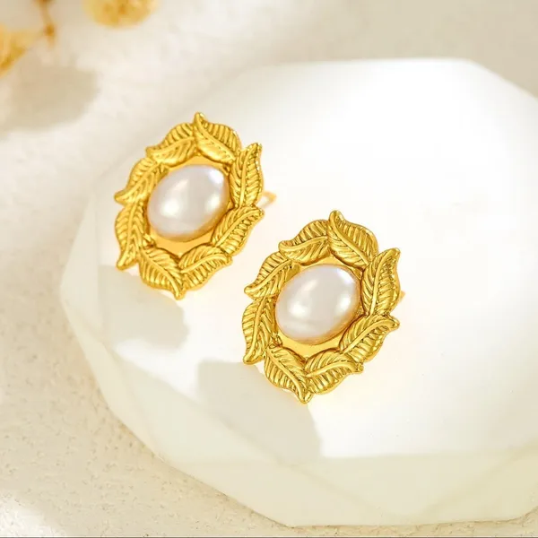 Golden_Plated_Pearl_Leaf_Stud_Earrings_For_Women