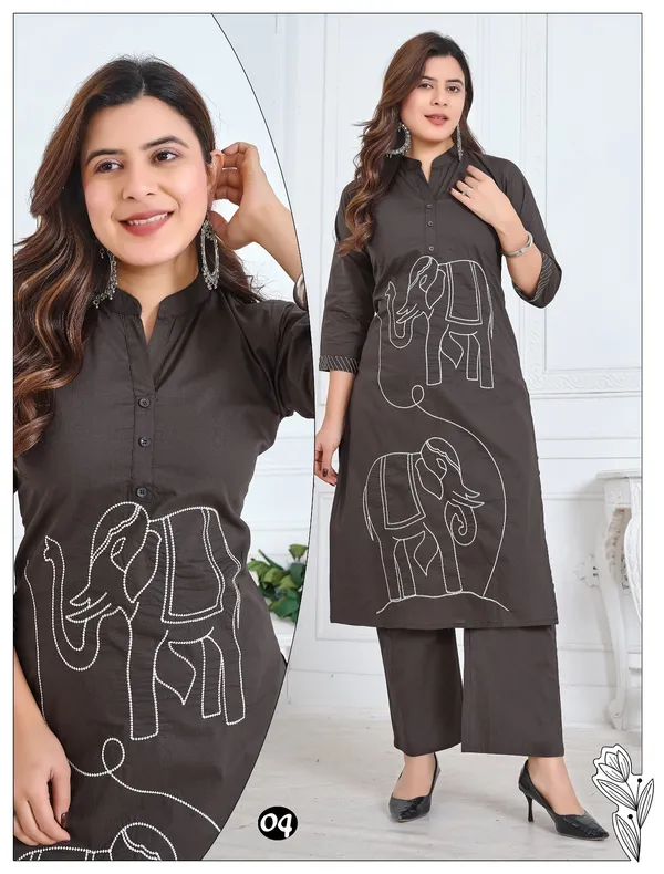 Coffie_Straight_Heavy_Dhabu_Cotton_Collar_Neck_With_Unique_Figure_Embroidery_Kurta_&_Palazzo_Set__For_Women