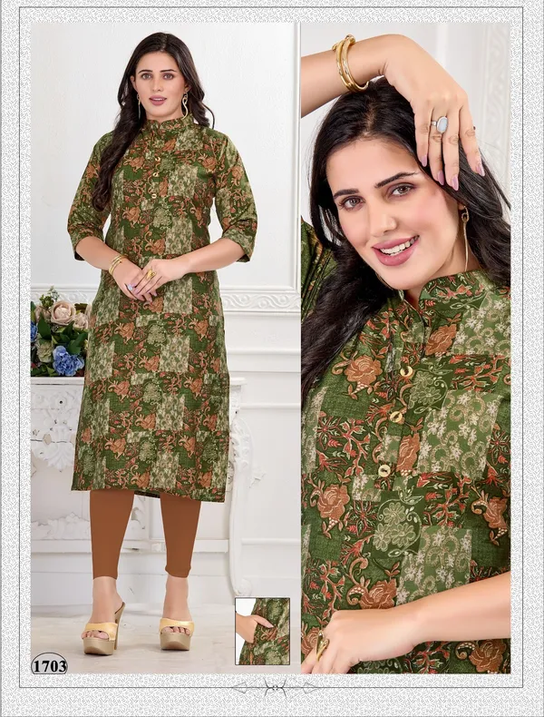 Mehndi_Premium_Heavy_Muslin_One_Side_Pocket_Straight_Kurta_For_Women