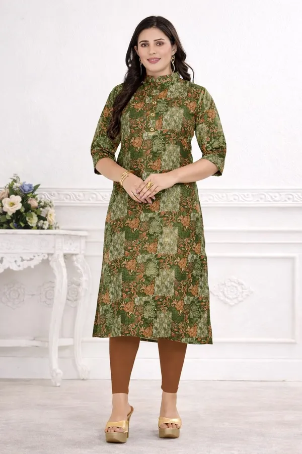 Mehndi_Premium_Heavy_Muslin_One_Side_Pocket_Straight_Kurta_For_Women