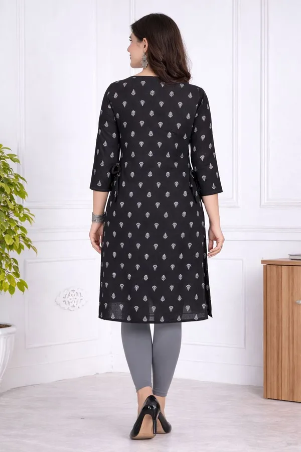 Black_Heavy_Khadi_Cotton_Print_One_Side_Pocket_Spark_Glow_Straight_Kurta_For_Women