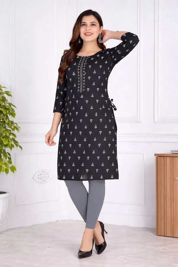 Black_Heavy_Khadi_Cotton_Print_One_Side_Pocket_Spark_Glow_Straight_Kurta_For_Women