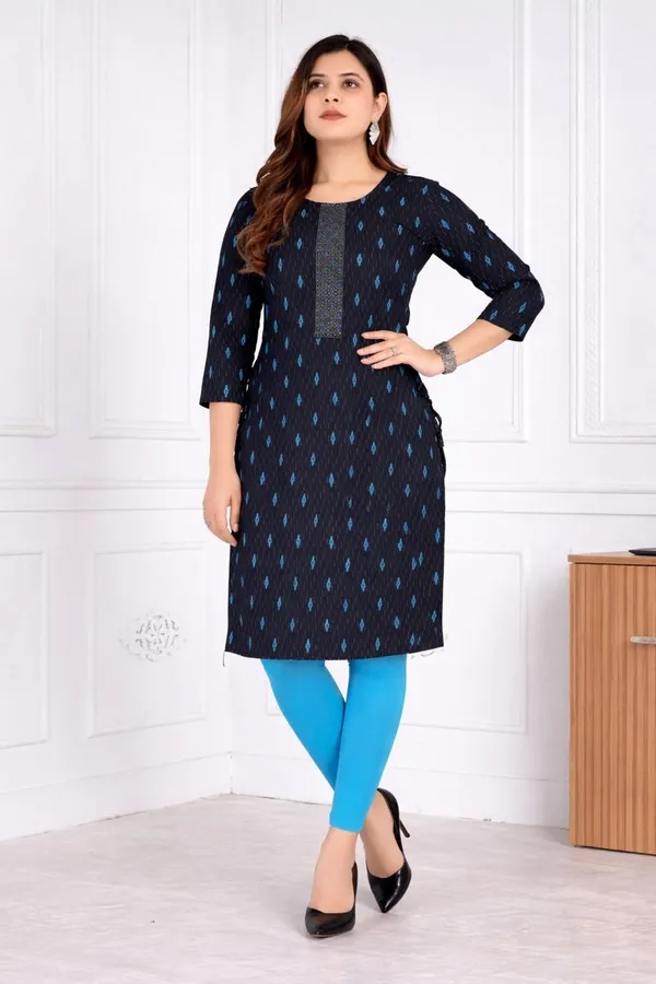 Blue_Heavy_Khadi_Cotton_Print_One_Side_Pocket_Spark_Glow_Straight_Kurta_For_Women