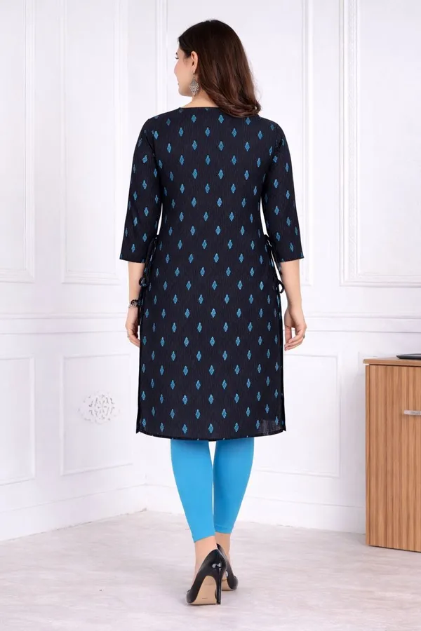 Blue_Heavy_Khadi_Cotton_Print_One_Side_Pocket_Spark_Glow_Straight_Kurta_For_Women