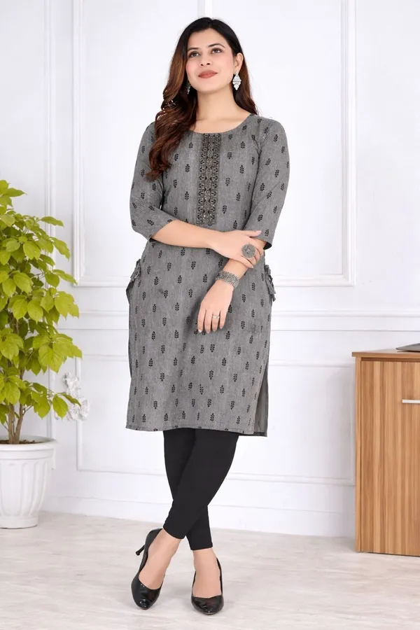 Grey_Heavy_Khadi_Cotton_Print_One_Side_Pocket_Spark_Glow_Straight_Kurta_For_Women