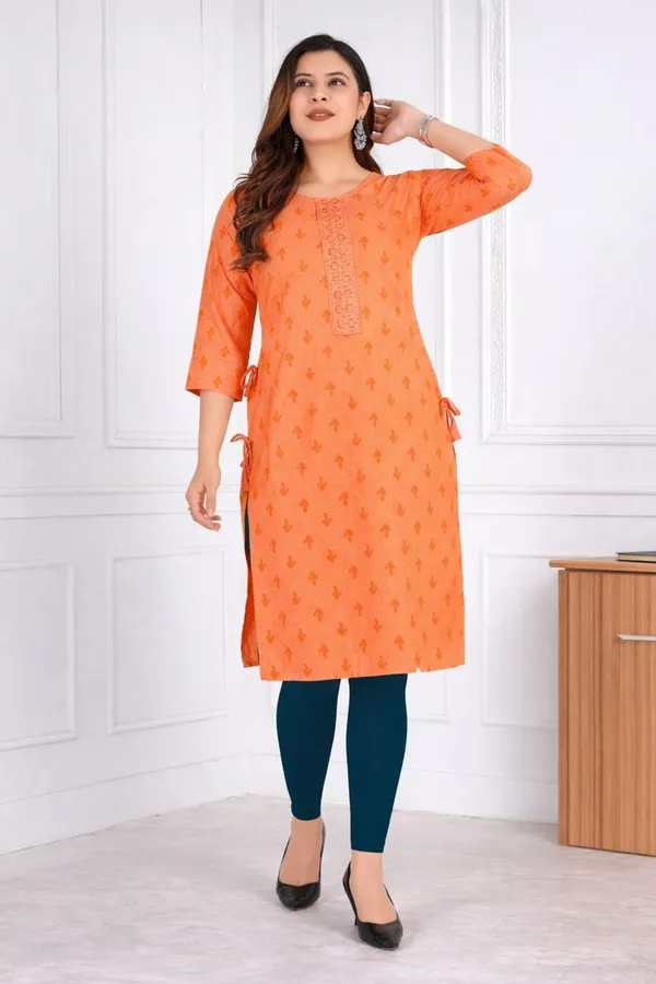 Orange_Heavy_Khadi_Cotton_Print_One_Side_Pocket_Spark_Glow_Straight_Kurta_For_Women