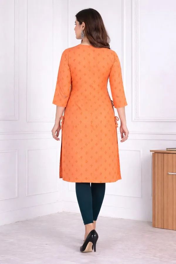 Orange_Heavy_Khadi_Cotton_Print_One_Side_Pocket_Spark_Glow_Straight_Kurta_For_Women