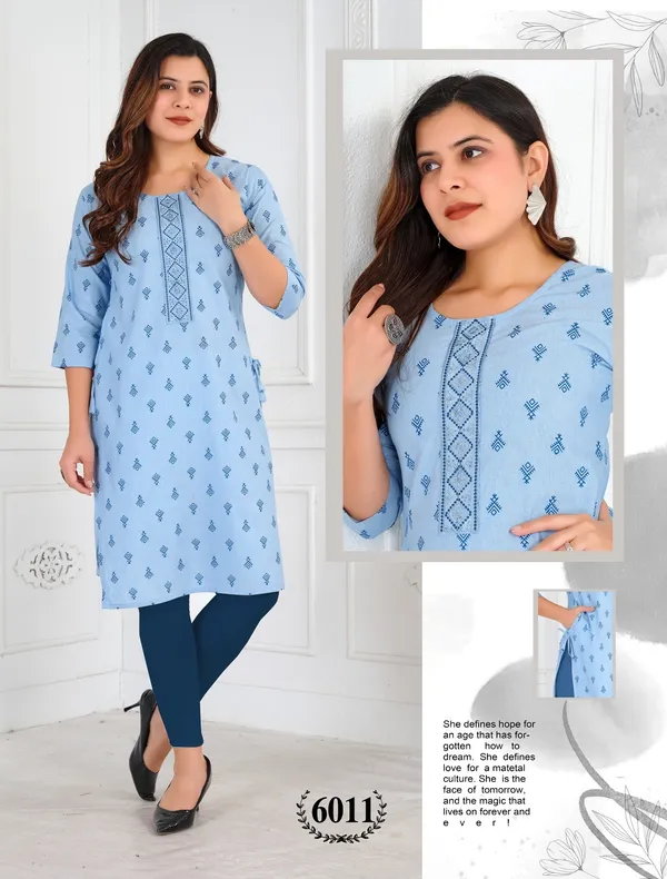 Sky_Blue_Heavy_Khadi_Cotton_Print_One_Side_Pocket_Spark_Glow_Straight_Kurta_For_Women