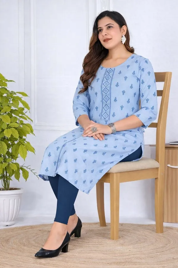 Sky_Blue_Heavy_Khadi_Cotton_Print_One_Side_Pocket_Spark_Glow_Straight_Kurta_For_Women