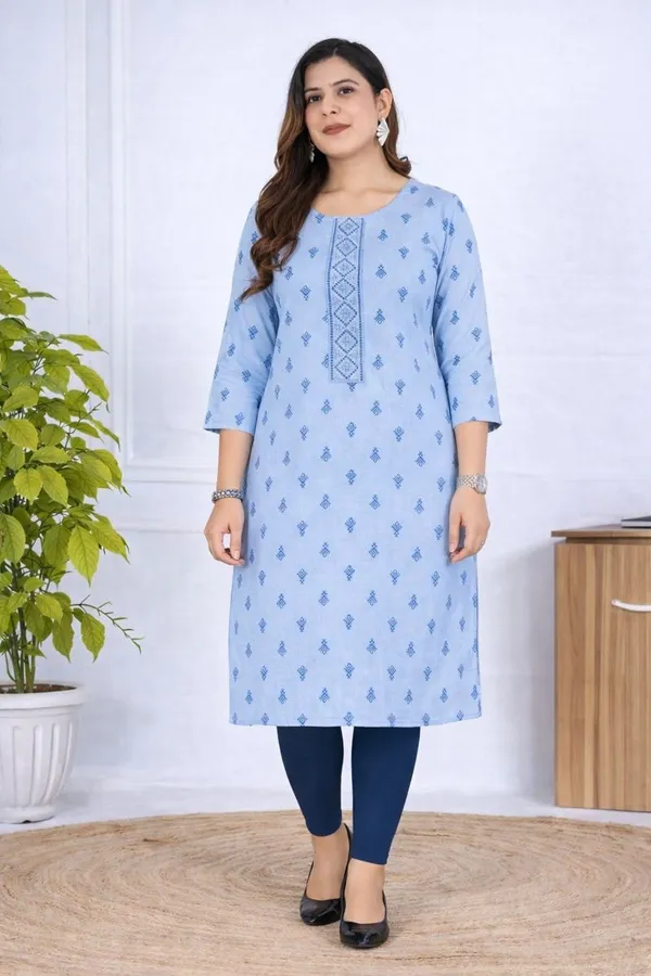 Sky_Blue_Heavy_Khadi_Cotton_Print_One_Side_Pocket_Spark_Glow_Straight_Kurta_For_Women