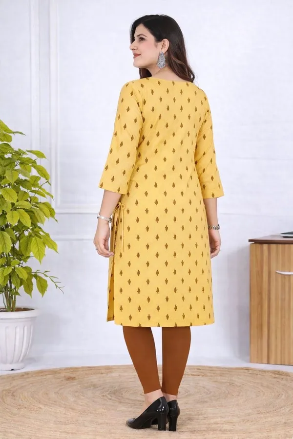 Yellow_Heavy_Khadi_Cotton_Print_One_Side_Pocket_Spark_Glow_Straight_Kurta_For_Women