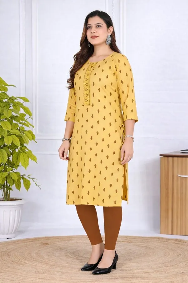 Yellow_Heavy_Khadi_Cotton_Print_One_Side_Pocket_Spark_Glow_Straight_Kurta_For_Women