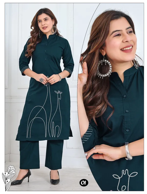 Blue_Straight_Heavy_Dhabu_Cotton_Collar_Neck_With_Unique_Figure_Embroidery_Kurta_&_Palazzo_Set__For_Women
