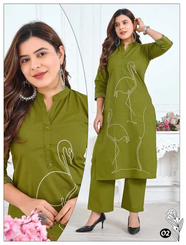 Green_Straight_Heavy_Dhabu_Cotton_Collar_Neck_With_Unique_Figure_Embroidery_Kurta_&_Palazzo_Set__For_Women