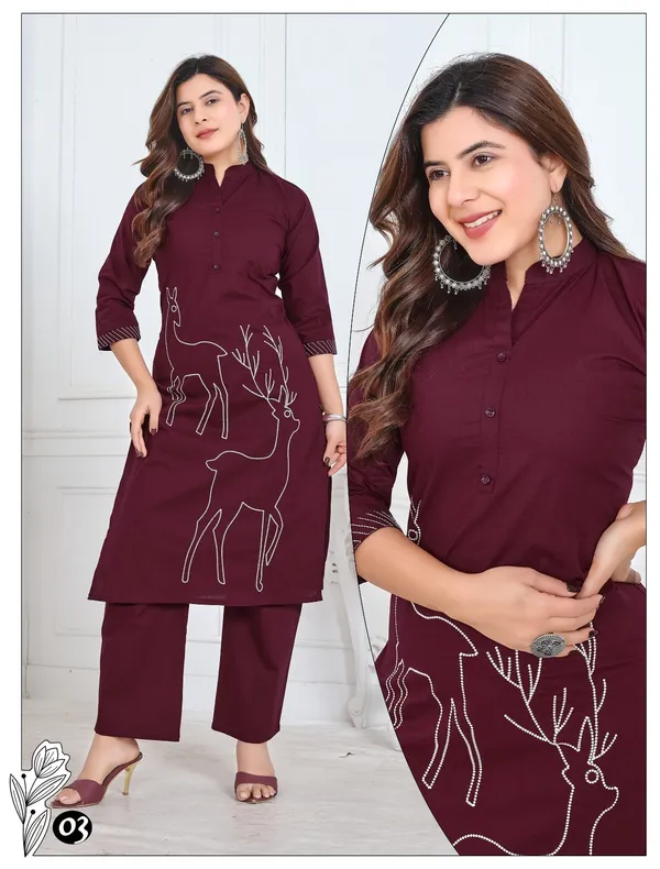 Maroon_Straight_Heavy_Dhabu_Cotton_Collar_Neck_With_Unique_Figure_Embroidery_Kurta_&_Palazzo_Set__For_Women