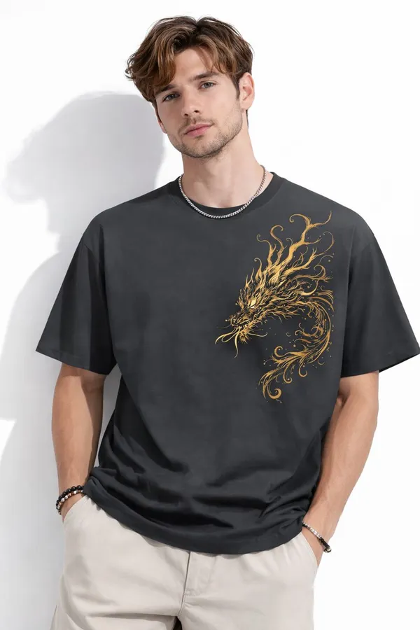 Dark_Grey_And_Golden_Dragon_Print_Cotton_T-Shirt_For_Men