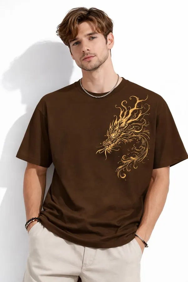Brown_Dragon_Print_Graphic_Cotton_T-Shirt_For_Men