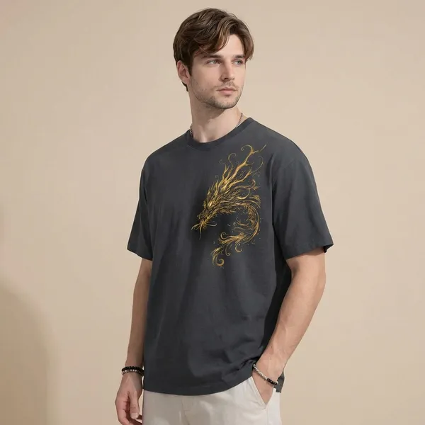 Dark_Grey_And_Golden_Dragon_Print_Cotton_T-Shirt_For_Men