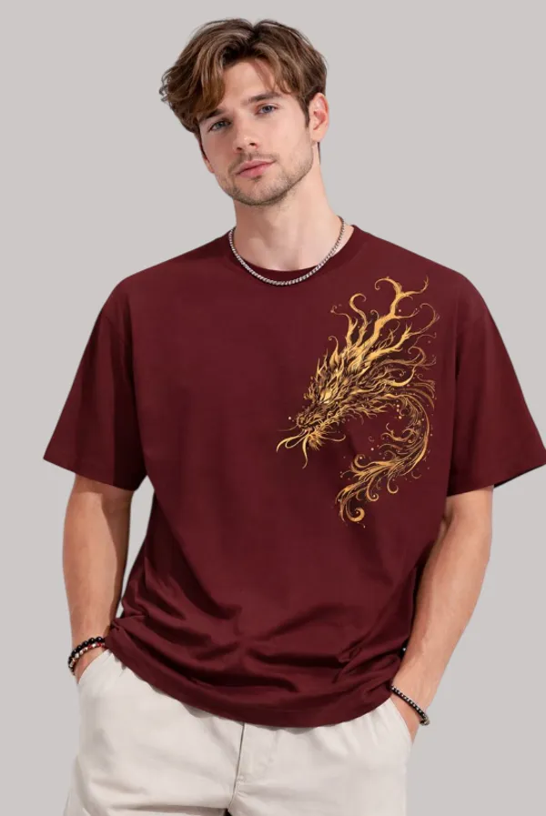 Maroon_Dragon_Print_Crew_Neck_Cotton_T-Shirt_For_Men