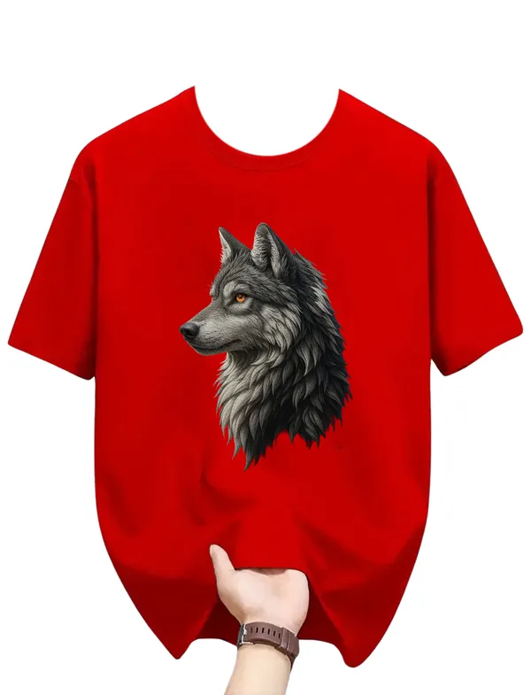 Red_Wolf_Print_Red_Cotton_T-Shirt_For_Men