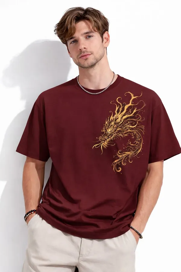 Maroon_Dragon_Print_Crew_Neck_Cotton_T-Shirt_For_Men