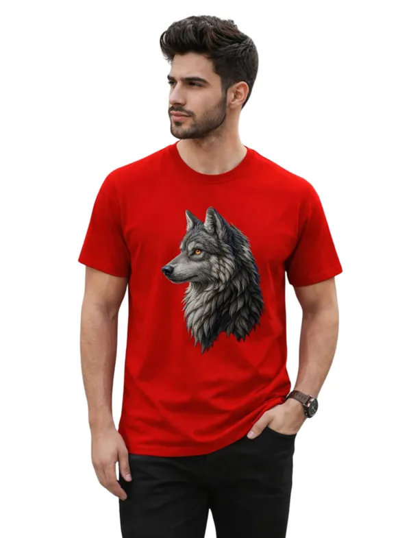 Red_Wolf_Print_Red_Cotton_T-Shirt_For_Men