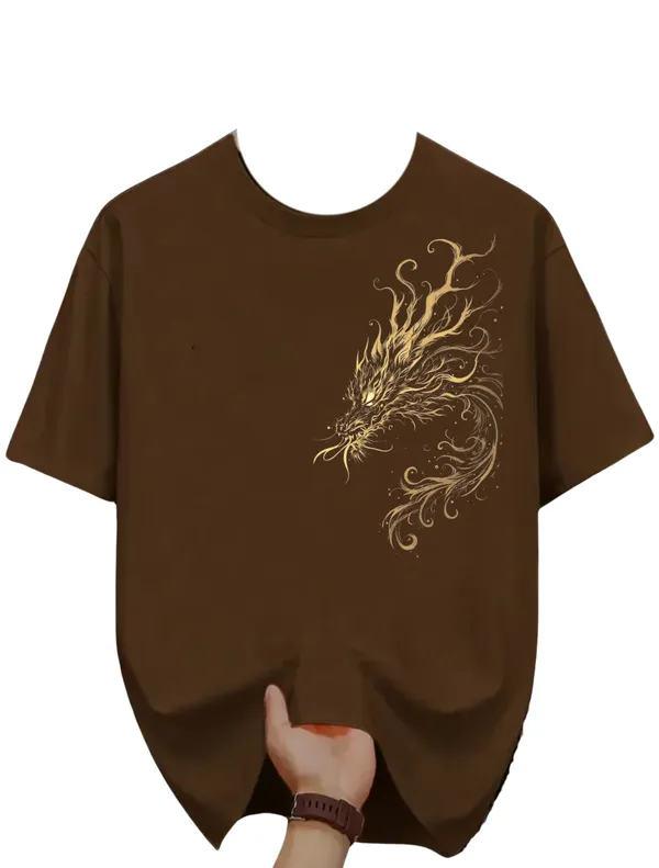Brown_Dragon_Print_Graphic_Cotton_T-Shirt_For_Men