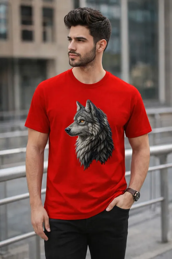 Red_Wolf_Print_Red_Cotton_T-Shirt_For_Men