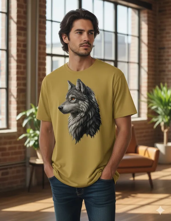 Yellow_Wolf_Graphic_Print_Cotton_T-Shirt_For_Men
