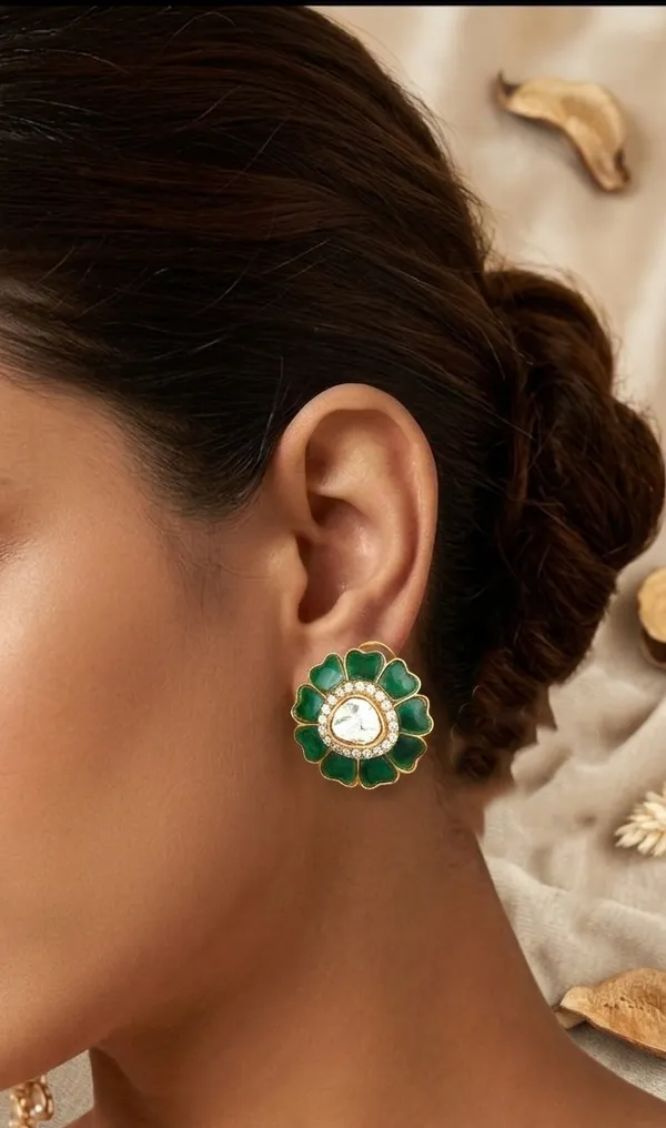 Emerald_Green_Flower_Motif_Polki_Stud_Earrings_–_Gold_Plated_Statement_Studs_for_Women