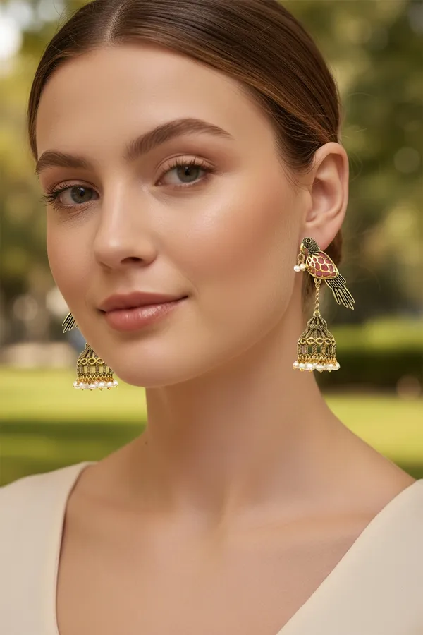 Antique_Gold_Bird_and_Cage_Pink_Statement_Earrings__|_Vintage_party_Wear_Earrings