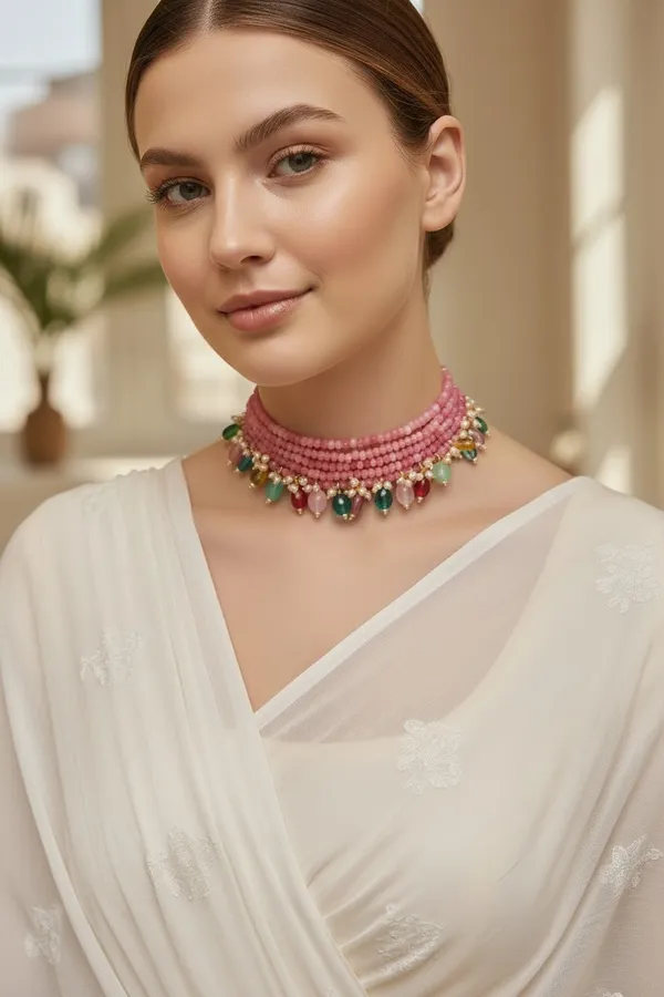 Pink_Onyx_Choker_with_Rainbow_Gemstone_Accents_Mala