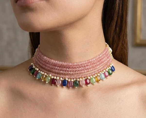 Pink_Onyx_Choker_with_Rainbow_Gemstone_Accents_Mala