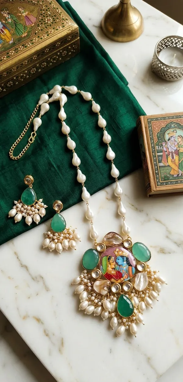 Boho_Spiritual_Statement_Necklace_with_Precious_Stones_|_Radha_Krishna_Hand_Painted_Pendant_Necklace