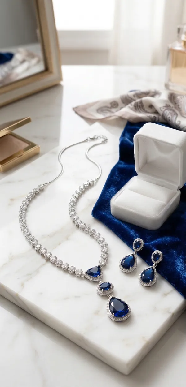 Classy_Diamond_and_Navy_Blue__Accent_Necklace_Set_|_Luxury_Diamond_Necklace_gift_for_her