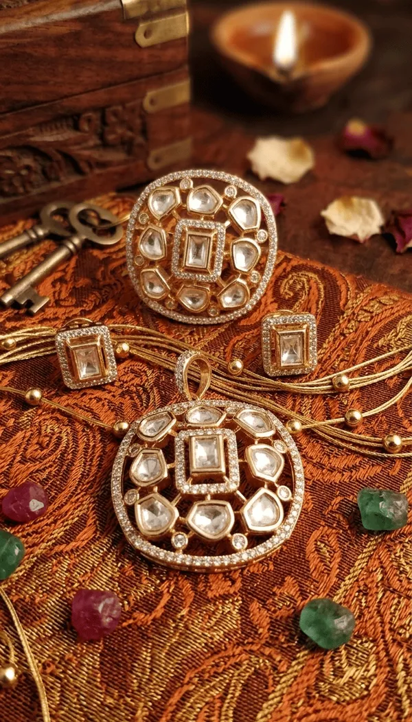 Cubic_Polki_Pendant_with_Earrings_and_Ring_combo_|_Exquisite_jewellery_Combo