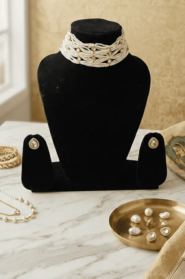 White_Beads_kundan_Choker_Necklace_Set_|_Elegant_Pearl_Look_Bridal_Jewellery