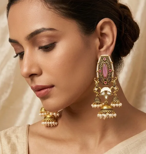 Antique_Gold_Polish_With_Pink_Antique_jhumki_Earrings_|_Elegant_Traditional_Jewellery