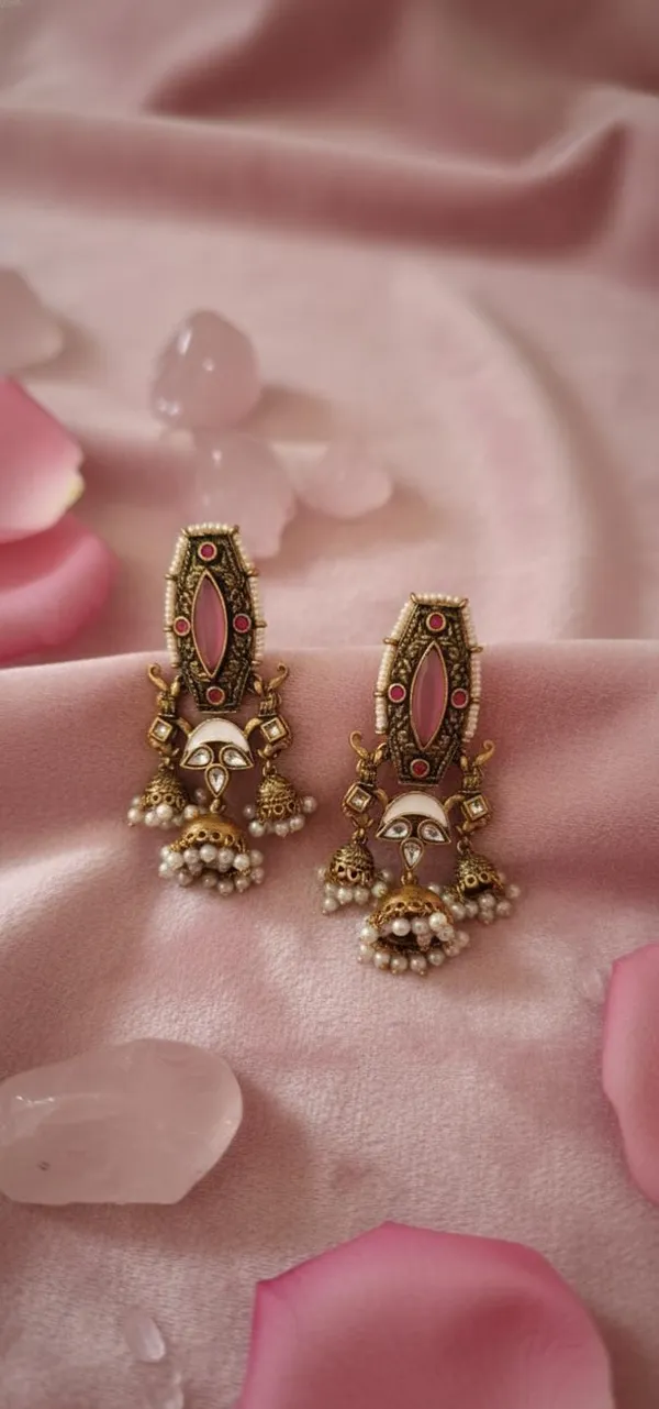 Antique_Gold_Polish_With_Pink_Antique_jhumki_Earrings_|_Elegant_Traditional_Jewellery