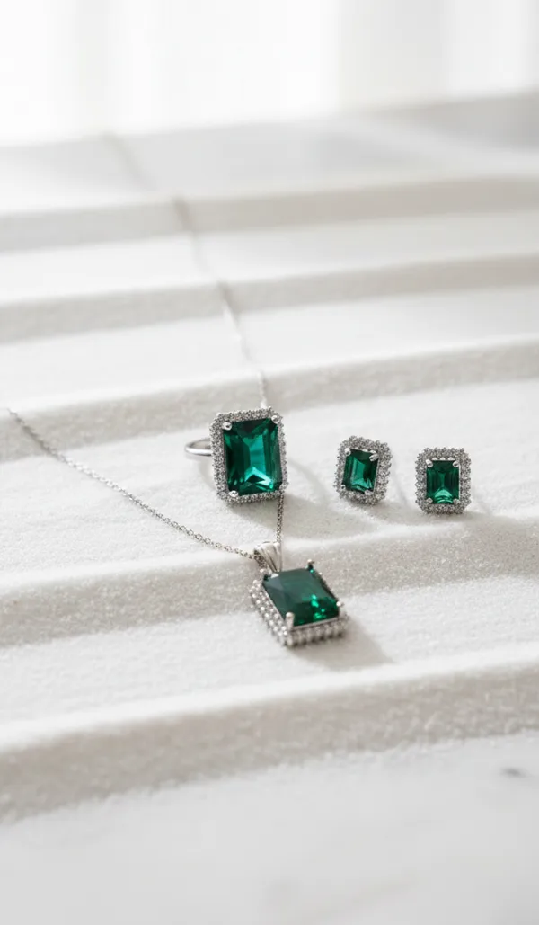 Emerald_Zirconia_Pendant_with_Earrings,_Rings_Combo