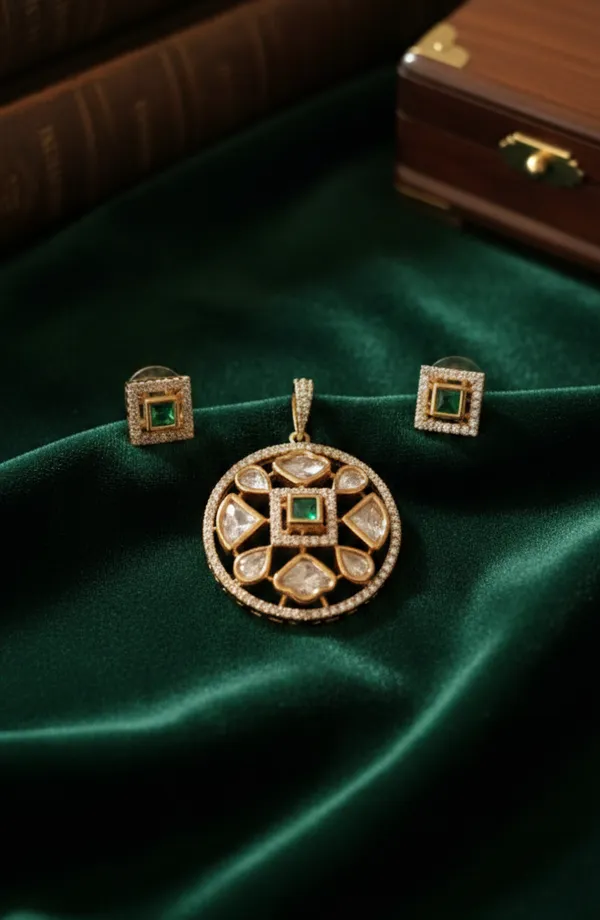 Emerald__Polki_Pendant_Set_|_Handcrafted_Uncut_Diamond_Pendant_with_Earrings