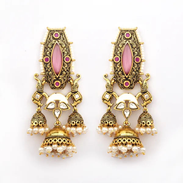 Antique_Gold_Polish_With_Pink_Antique_jhumki_Earrings_|_Elegant_Traditional_Jewellery