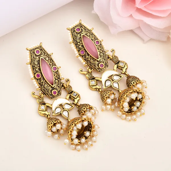 Antique_Gold_Polish_With_Pink_Antique_jhumki_Earrings_|_Elegant_Traditional_Jewellery