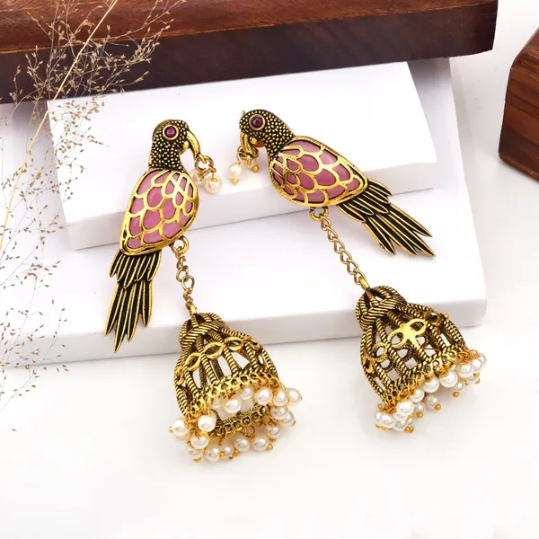Antique_Gold_Bird_and_Cage_Pink_Statement_Earrings__|_Vintage_party_Wear_Earrings